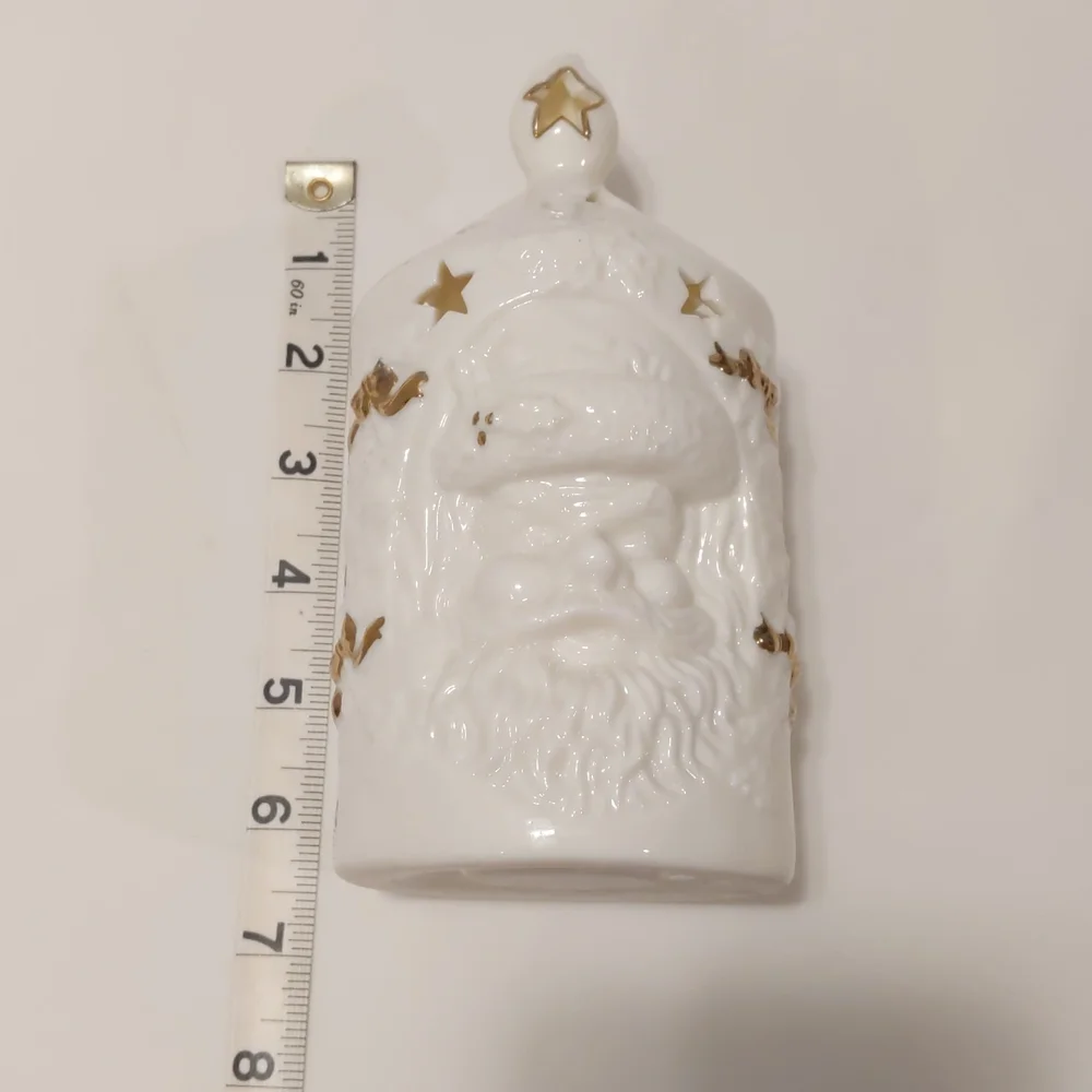 Vintage Candle Tea Lite Holder Santa Head White and Gold with cut out stars